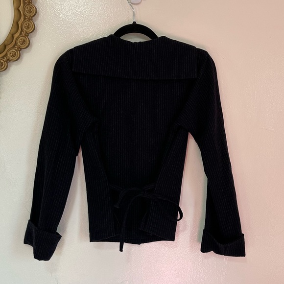 Agnes B Wool Blend Navy Pinstripe Snap Front Sweater, Tie Waist, US Size 4 - Picture 6 of 11